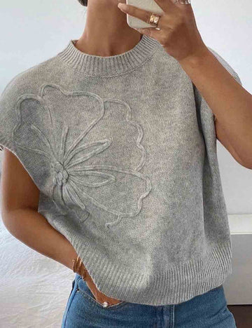 Ladies Round Neck Floral Jacquard Ribbed Knit Vest