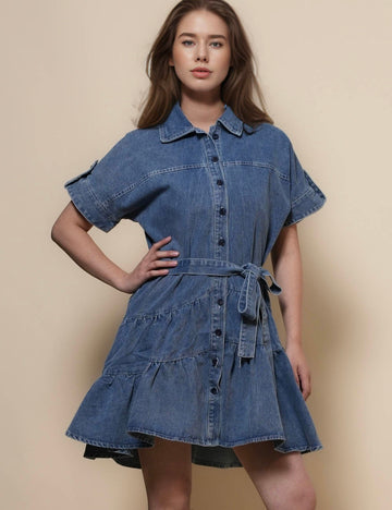 Ladies Short Sleeves Denim Mini Dress SKD50094
