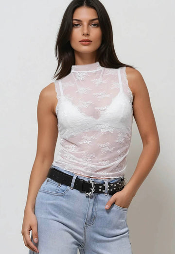 Ladies Lux Floral See Through Lace Sleeveless Blouse SKT274