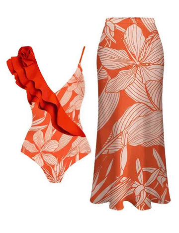 Ladies V-Neck Floral Print One Piece Swimwear Witth Salong