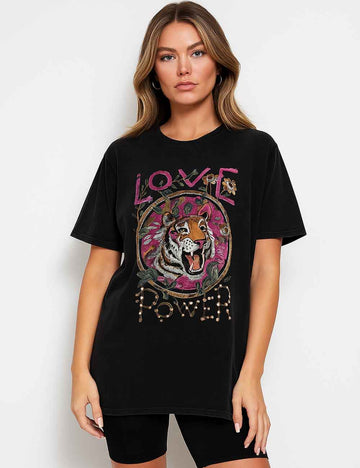 Ladies Love Power Print Tee Round Neck Beading T-Shirt