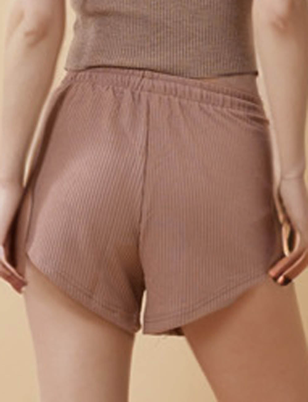 Ladies Solid Color Elastic Waist String Tie Ribbed Loungewear Shorts