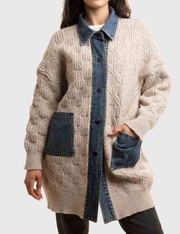 Ladies Denim Collar Button Closure Cable Sweater Jacket