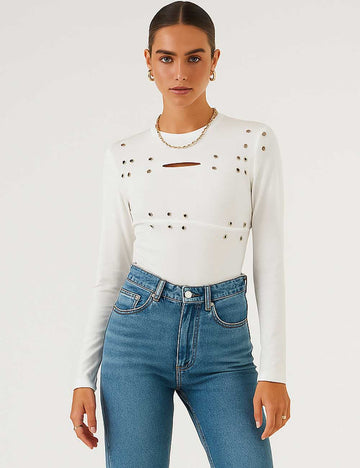 V12508KT3304 Ladies Punk Ripped Long Sleeves Slim Bodysuit