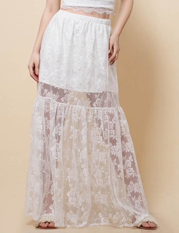 Ladies Floral Lace Half See Sheer Midi Skirt SKS41319