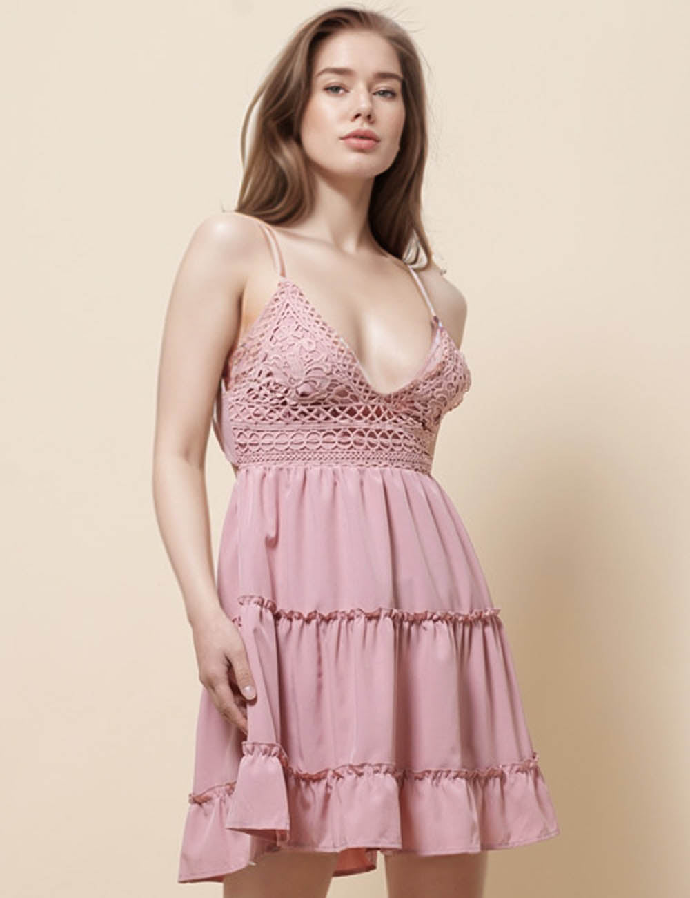 Ladies String Shoulder V-Neck Mini Dress SKD51188
