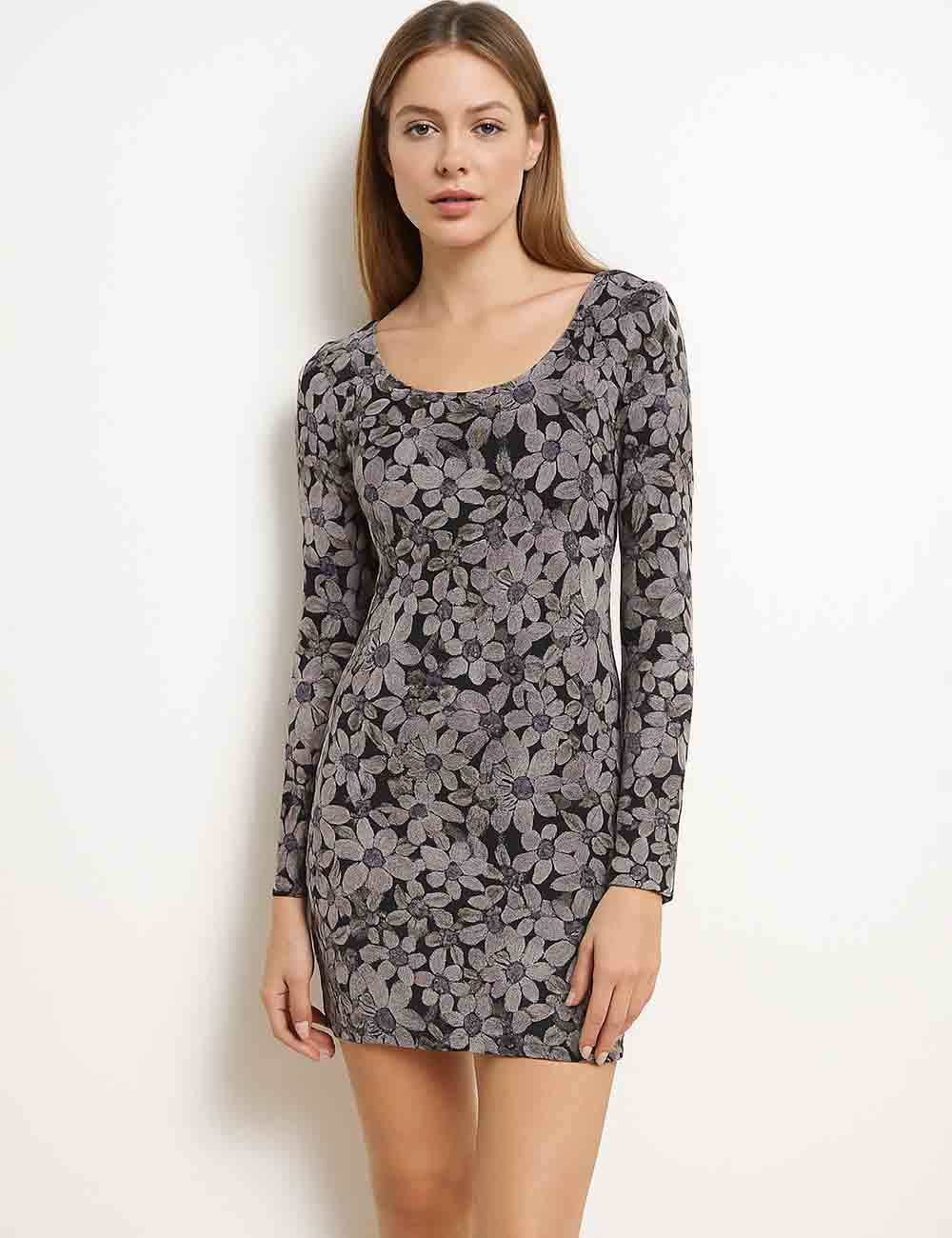 Ladies Floral Print Round Neck Back Open Mesh Mini Dress