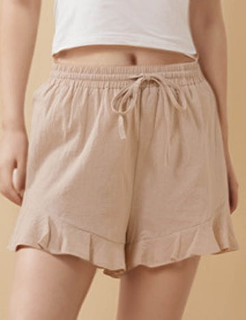 Ladies Solid Color Ruffle Drawstring Shorts