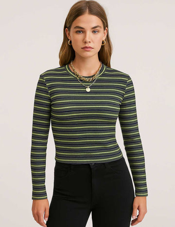 Ladies Striped Basic Round Neck Cropped Layering Top