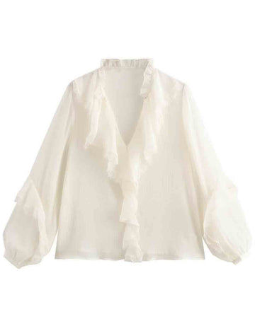 Ladies Ruffle Long Sleeves Pullover White Blouse
