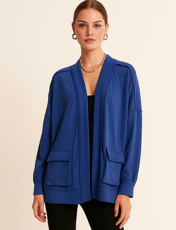 Ladies Solid Color Open Front Deep Pockets Seam Sweatshirt