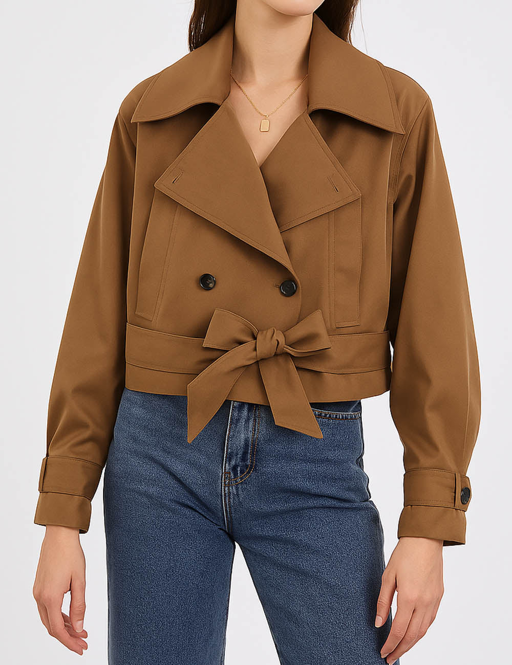 Ladies Lapel Collar Button Tie Bow Cropped Trench Jacket