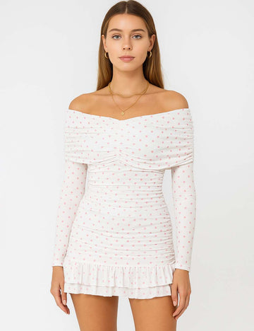 Ladies Polka Dot Off-Shoulder Bodycon Ruffle Midi Dress