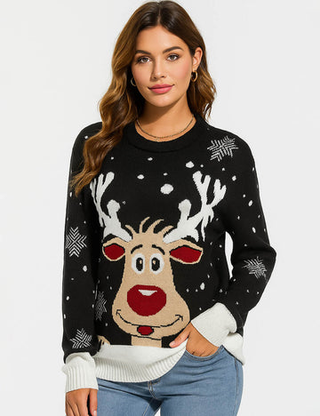 Ladies Reindeer Snowflake Christmas Pattern Knit Sweater