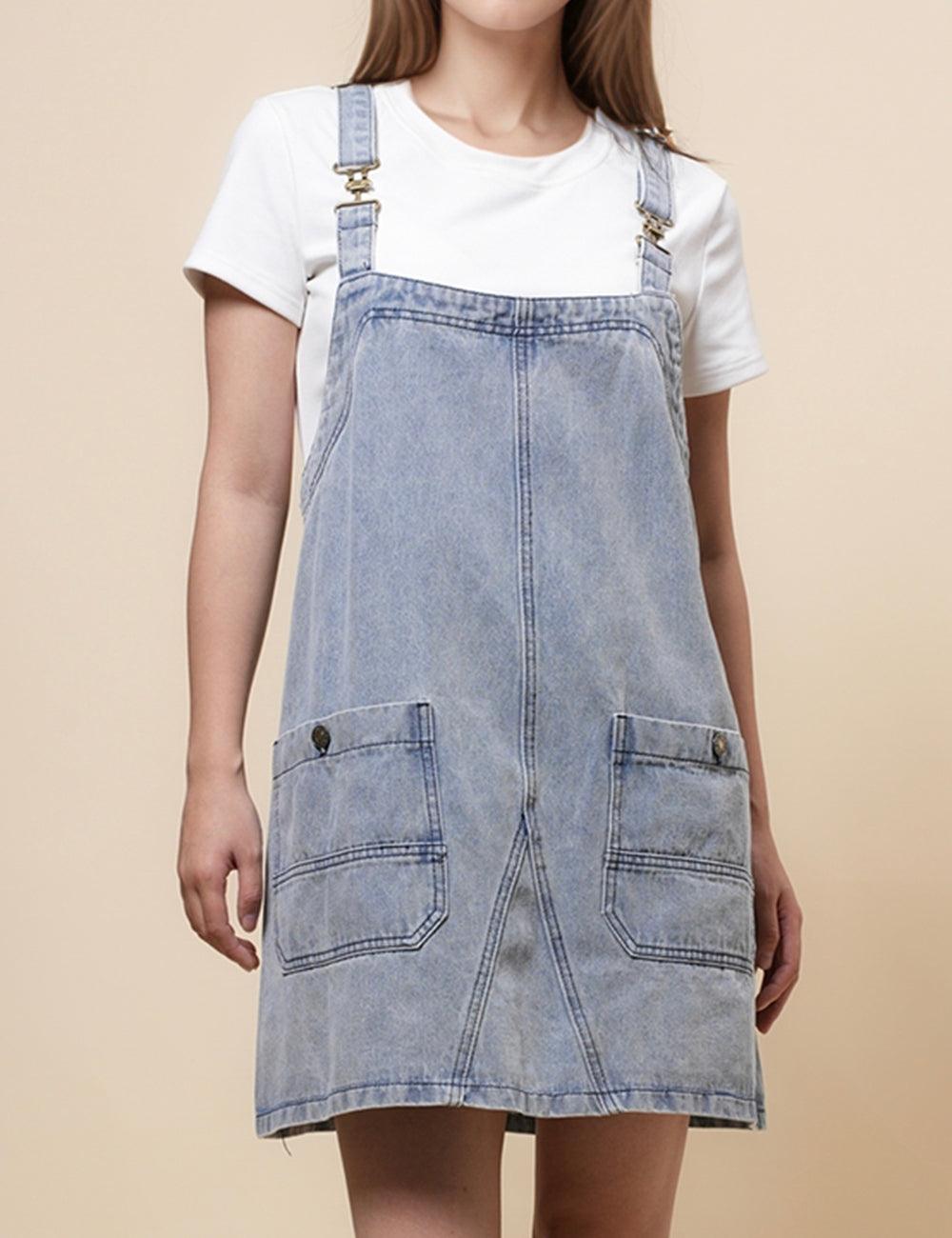 Ladies Pockets Strape Denim Mini Overall Dress SKD549