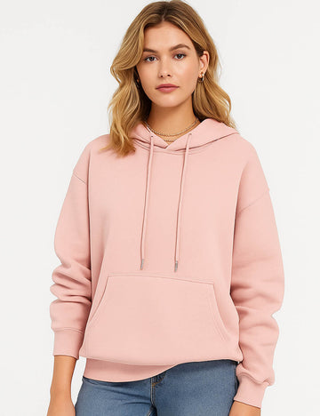 Ladies Solid Color Kangaroo Pockets Hooded Sweatshirt