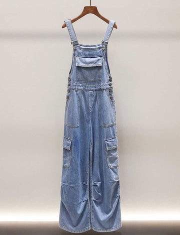 Ladies Strape Shoulder Overall Pocket Wide Leg Denim Jumpsuit