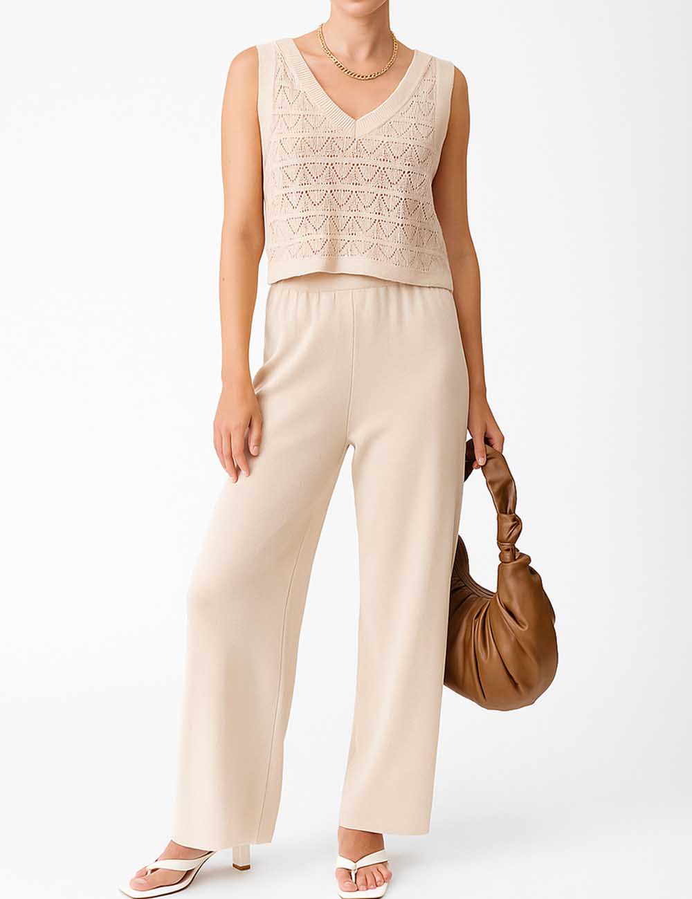 Ladies V-Neck Solid Color Hollow Out Knit Vest & Pants Set