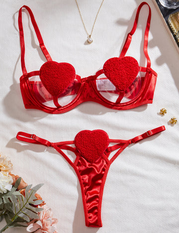 Ladies Valentine Red Heart Sexy 2PCS Lingerie Set SKLG4061