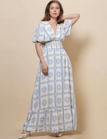 Ladies V-Neck Short Sleeves Print Maxi Dress SKD51034