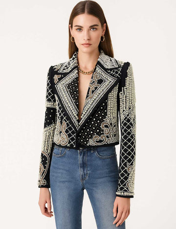 Ladies Embroidery Rhinestone Pearl Beading Cropped Blazer