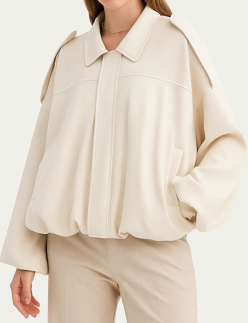 Ladies Faux Suede Shirt Collar Pocket Jacket