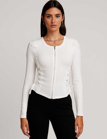 V12508KT3303 Ladies Zip Open Front Drawstring Slim Top