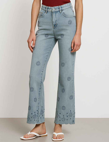 Ladies Floral Embroidery Beading Stright Leg Denim Pants