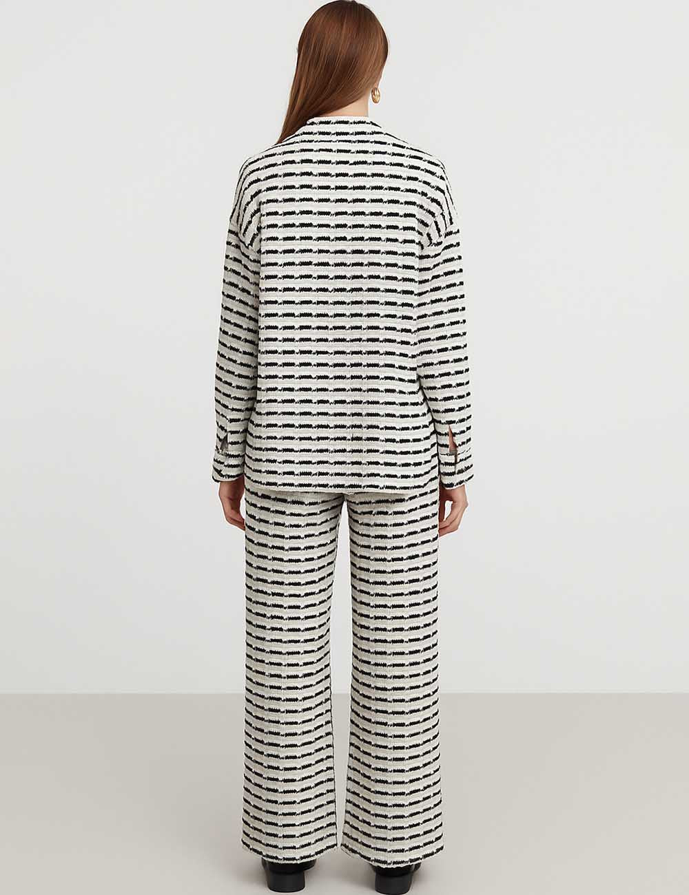 Ladies Striped Notched Collar Top Wide Leg Pants Set