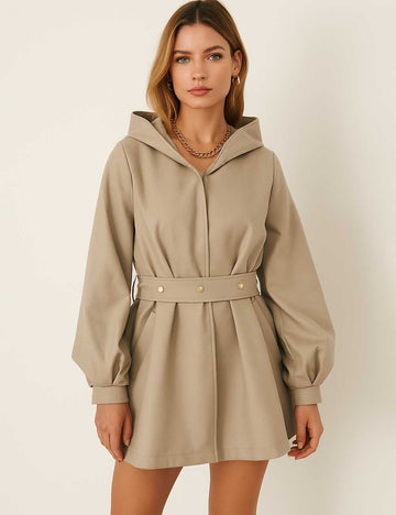 Ladies Hooded Button Closure Belted Balloon Sleeves Coat