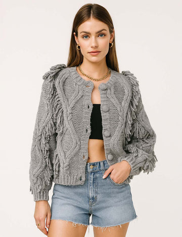 Ladies Cable Knit Tassel Round Neck Button Front Cardigan