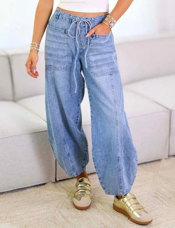 Ladies Elastic Waist String Tie Pocket Denim Pants