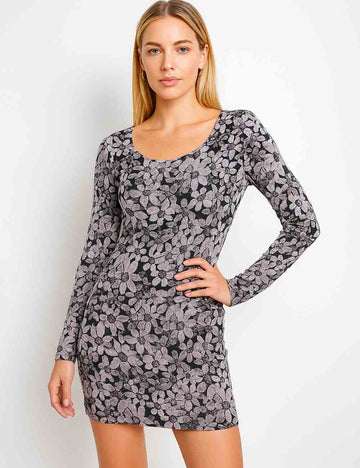 Ladies Floral Print Round Neck Back Open Mesh Mini Dress