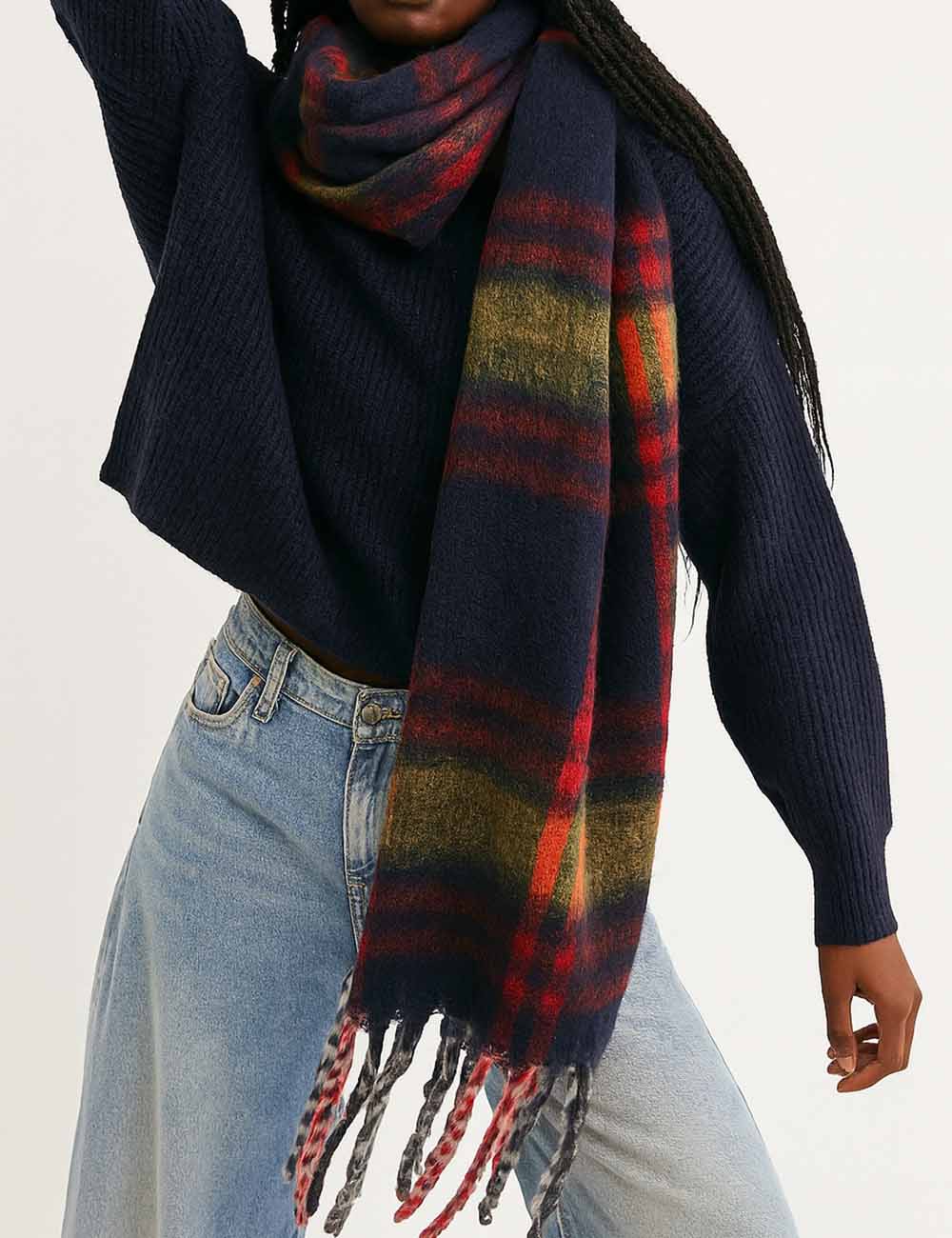 Ladies Winter Bouclé Yarn Checked Fringe Shawl Knit Scarf