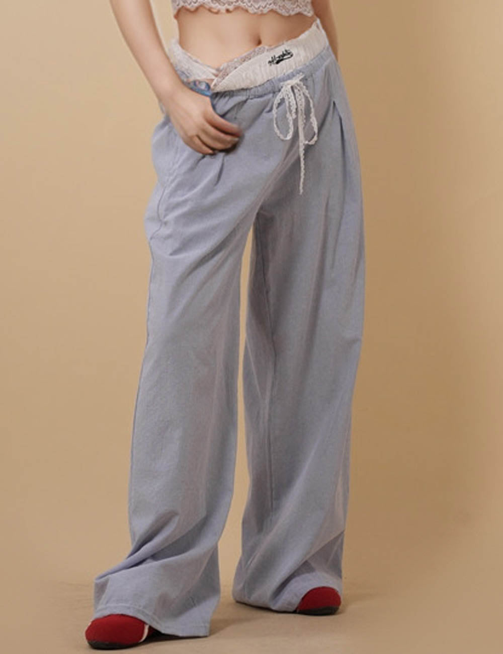 Ladies Elastic Waist Lace Fake 2PC Striped Pants 8SKP51345