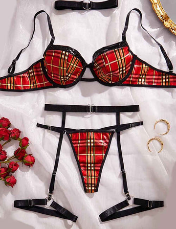 Ladies Color Block Plaid PU 2PCS Lingerie Set
