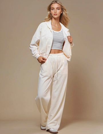 Ladies Solid Color Hoodie Pants 2pcs Loungewear Set SKST50771