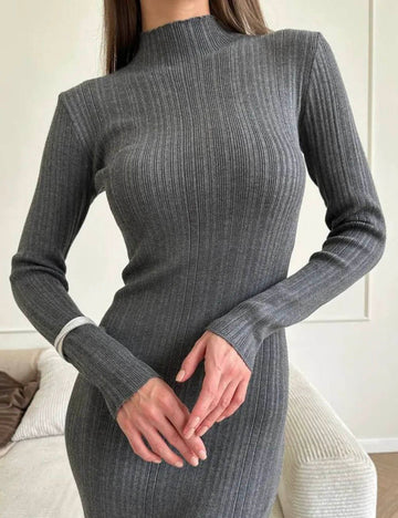 Ladies Turtle Neck Rib Knit Midi Dress SKD41190