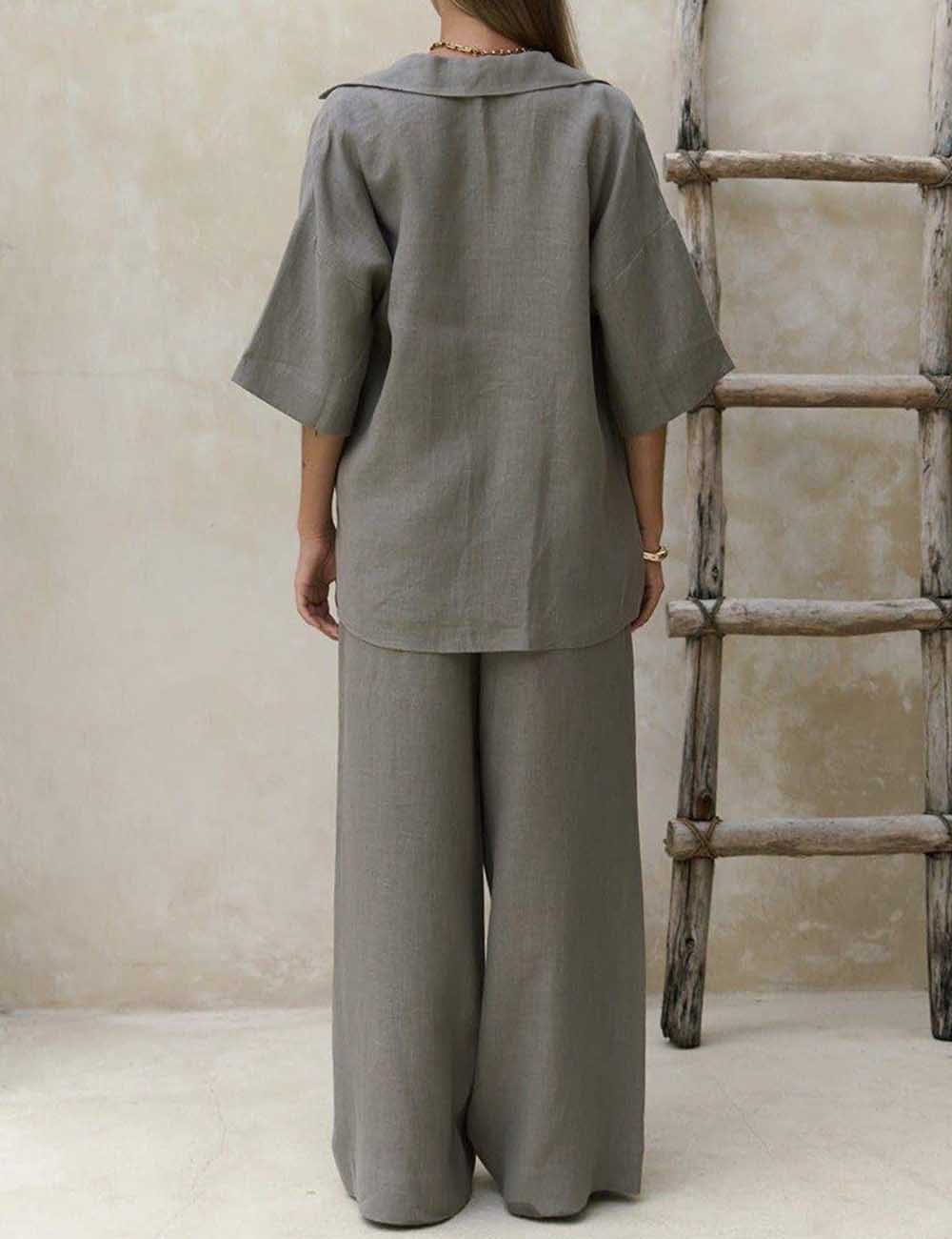 Ladies Solid Color Button Short Sleeves Shirt & Pants 2PCS Set