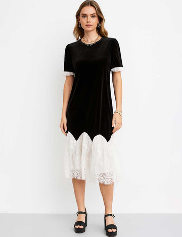 Ladies Chic Velvet Color Block Lace Splice Midi Dress