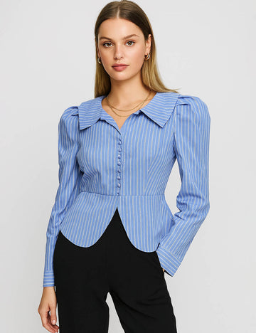 Ladies Striped Turn Down Collar Puff Sleeves Cropped Shirts