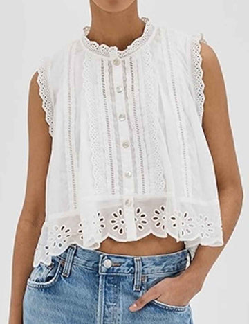 Ladies Eyelets Embroidery Sleeveless Button Scalloped Blouse
