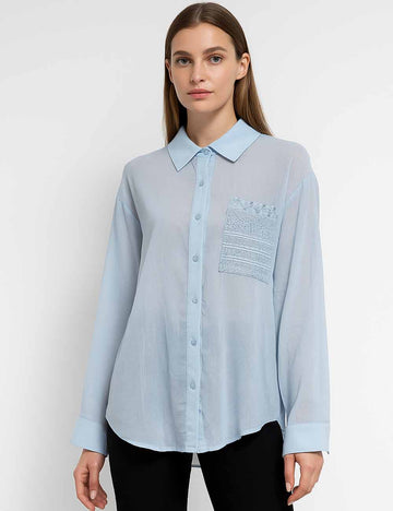 Ladies Turndown Collar Button Down Lace Back Cut Out Shirt