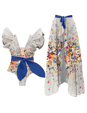 Ladies V-Neck Bowknot Floral Print One Piece Swimwear with Salong
