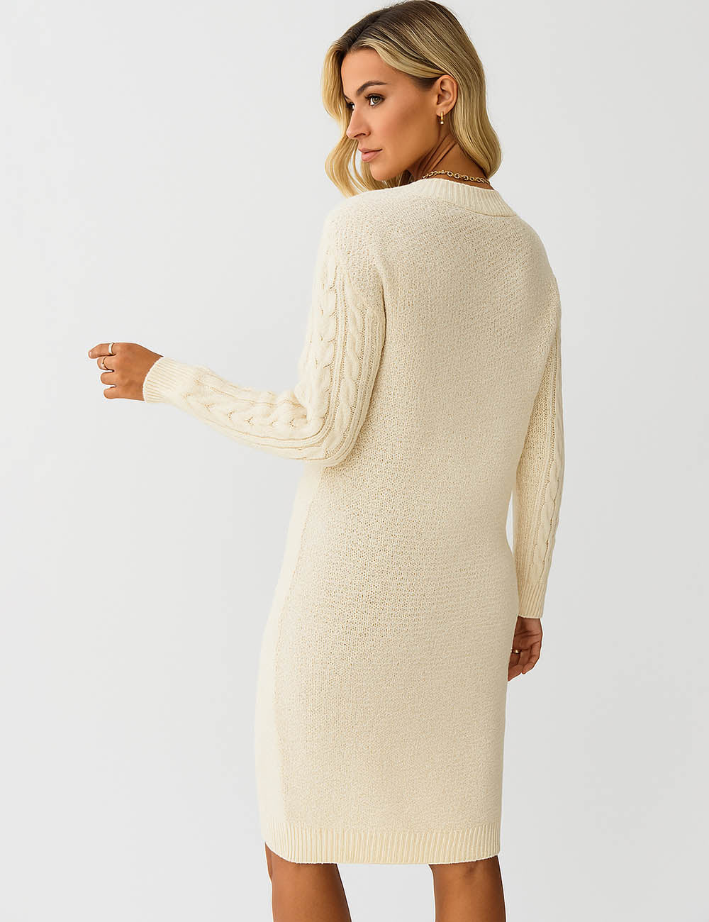 Ladies V-Neck Cable Knit Sweater Mini Dress