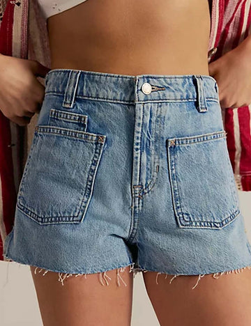 Ladies Pockets Hot Shorts Button Raw Edge Denim Shorts