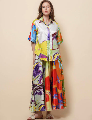 Ladies Multi Color Mid Sleeves Print Top & Skirt Set SKST51276