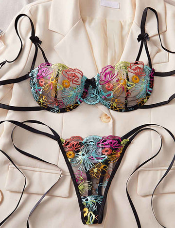 Ladies Sexy Embroidery See Sheer Tie Thong Lingerie Set