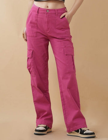 Ladies Cargo Jeans Button Pocket Straight Leg Denim Pants