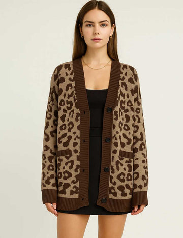 Ladies Leopard V-Neck Long Sleeves Ribbed Knit Sweater Cardigan